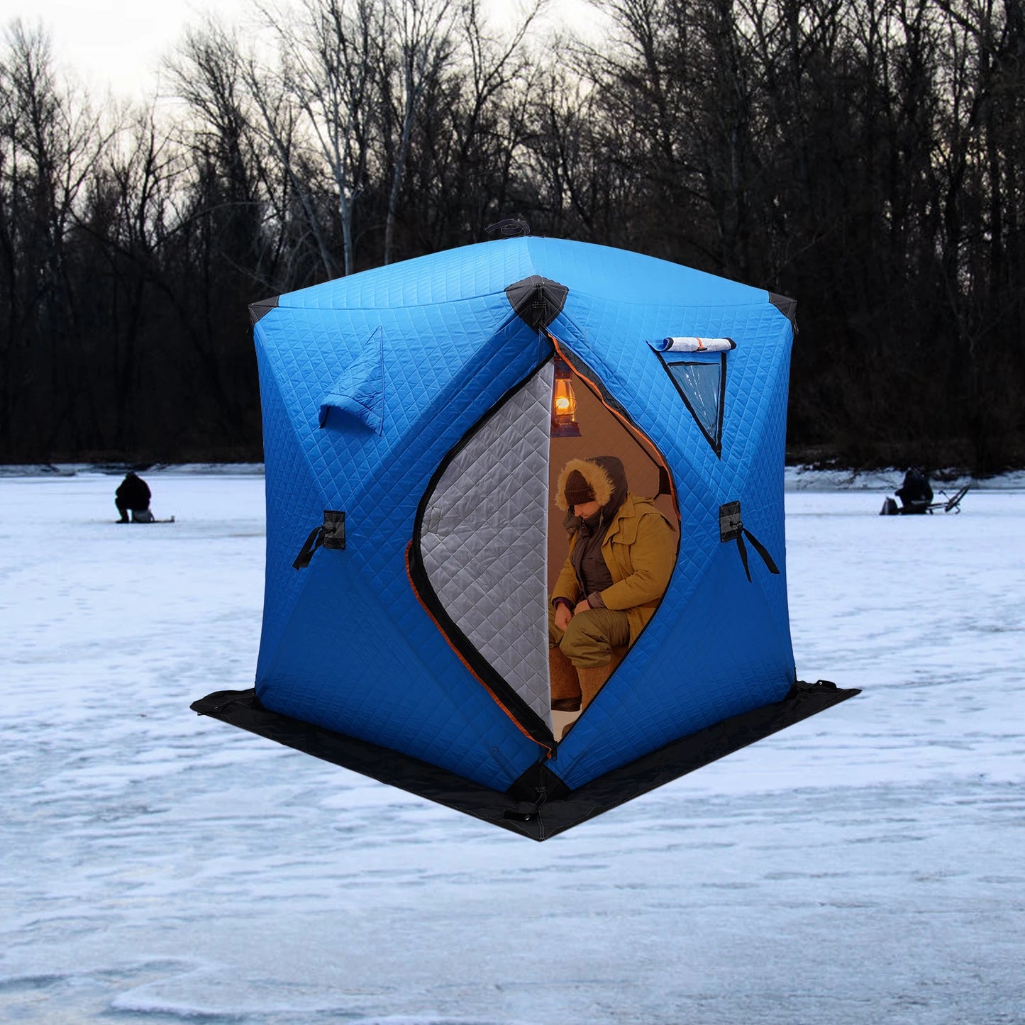 Portable Ice Fishing Shelter, 210D Oxford Fabric, Fiberglass Rods, D-Shaped Door, Double Windows for Ventilation
