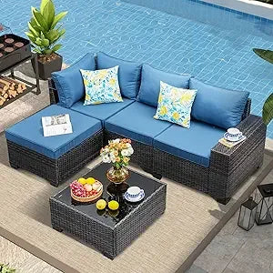 5 Pieces Outdoor Patio Furniture Set, Wicker Conversation Sets with Tea Table, Rattan Patio Sofa with Thick Cushions for Garden,