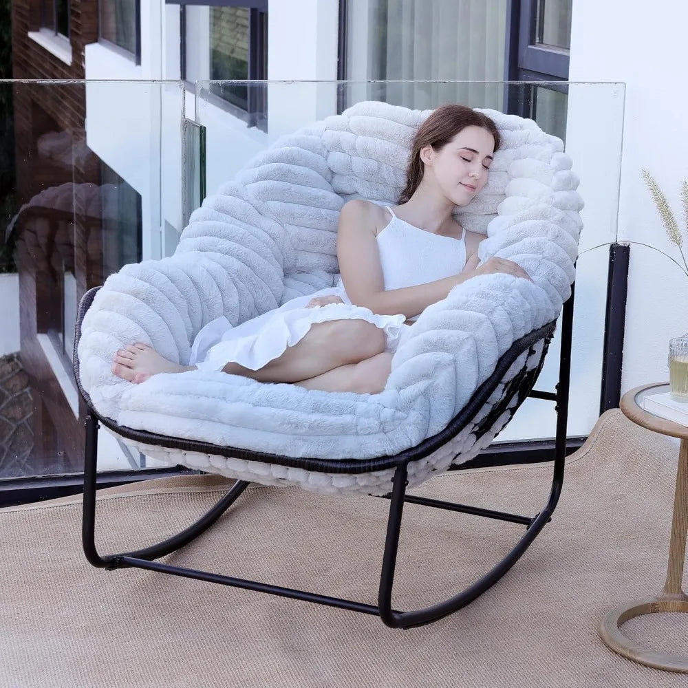 Outdoor Rocking Chair, Wicker , Indoor Comfy Oversized Papasan Chair with Padded Cushion, Royal Rattan Rocker for Front Porch,