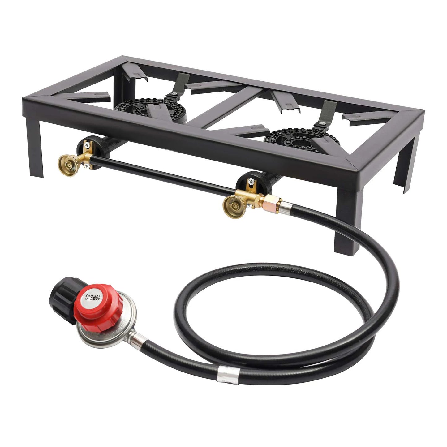 Portable Double Burner Outdoor Gas Stove Propane Cooker with Adjustable 0-10Psi Regulator Hose for Patio Camping, BBQ, Home