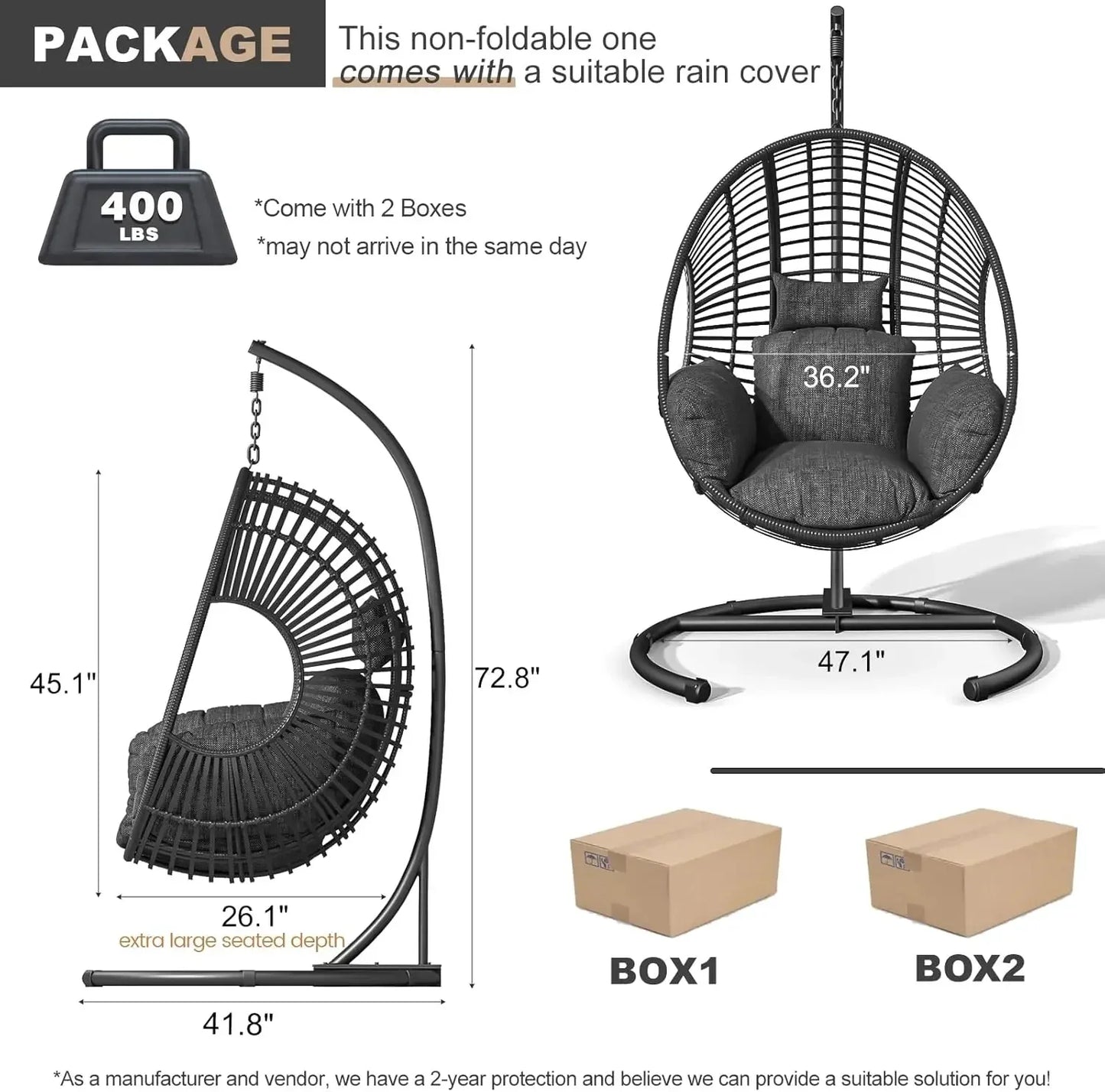 Oversized Hanging Egg Chair Outdoor Wicker Swing Chair with Stand Rain Cover UV Resistant Cushion , Garden and Balcony