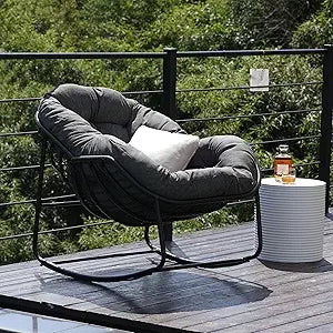 Outdoor Rocking Chair, Patio Wicker Egg Chair, Indoor Comfy Oversized Papasan Chair with Padded Cushion, Royal Rattan Rocker for