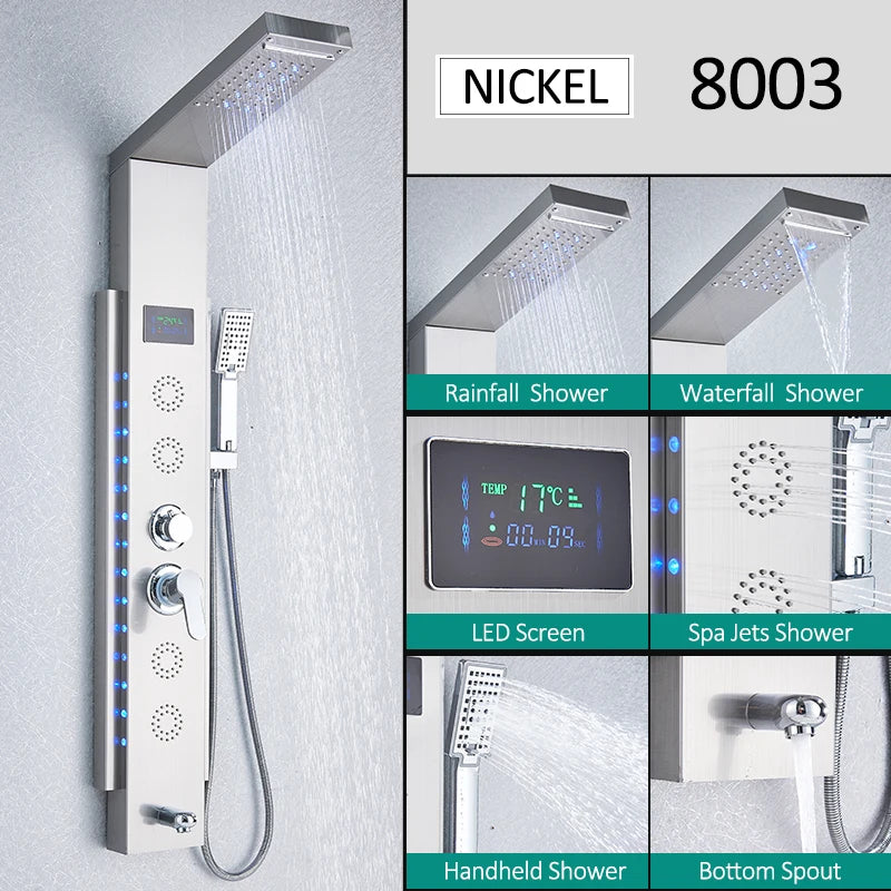 LED Shower Panel Tower System Rain Waterfall Shower Column Hydroelectricity LCD Display With Massage Body Spa Bath Shower Faucet