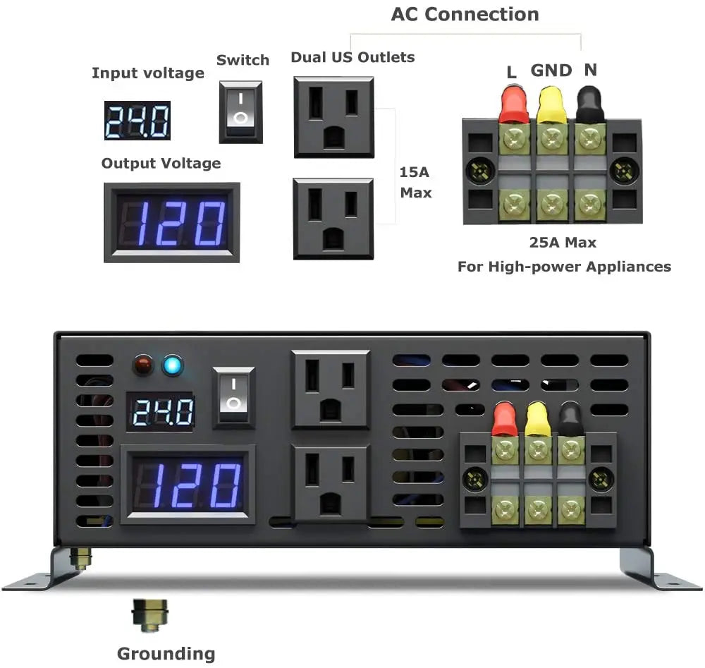 Pure Sine Wave Inverter 3000W Solar Panel Generator Power Supply Voltage Converter 12V/24V/48VDC to 100/110/120V/220V/230/240VAC