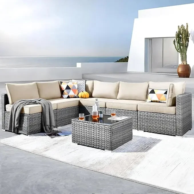 Outdoor 7 Piece Set with Coffee Table,Sectional Patio Furniture Set with All-Weather Wicker Sofa,Modern Outside Couch
