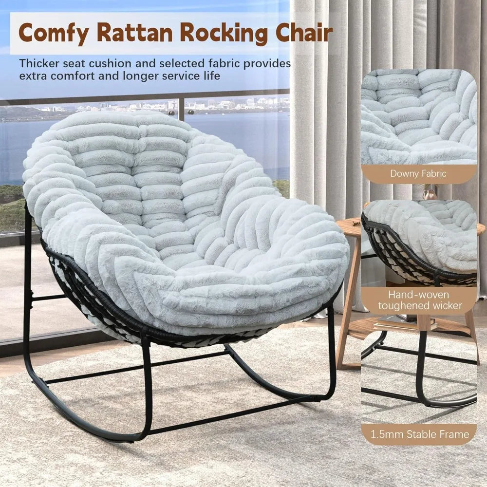 Outdoor Rocking Chair, Wicker , Indoor Comfy Oversized Papasan Chair with Padded Cushion, Royal Rattan Rocker for Front Porch,