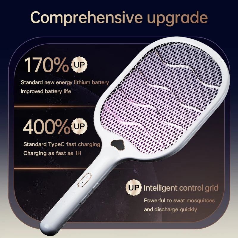 Electric Fly Swatter Racket 3500V buzzkick Bug Zapper Racket Dual Modes Mosquito Killer with Purple Mosquito Light Rechargeable