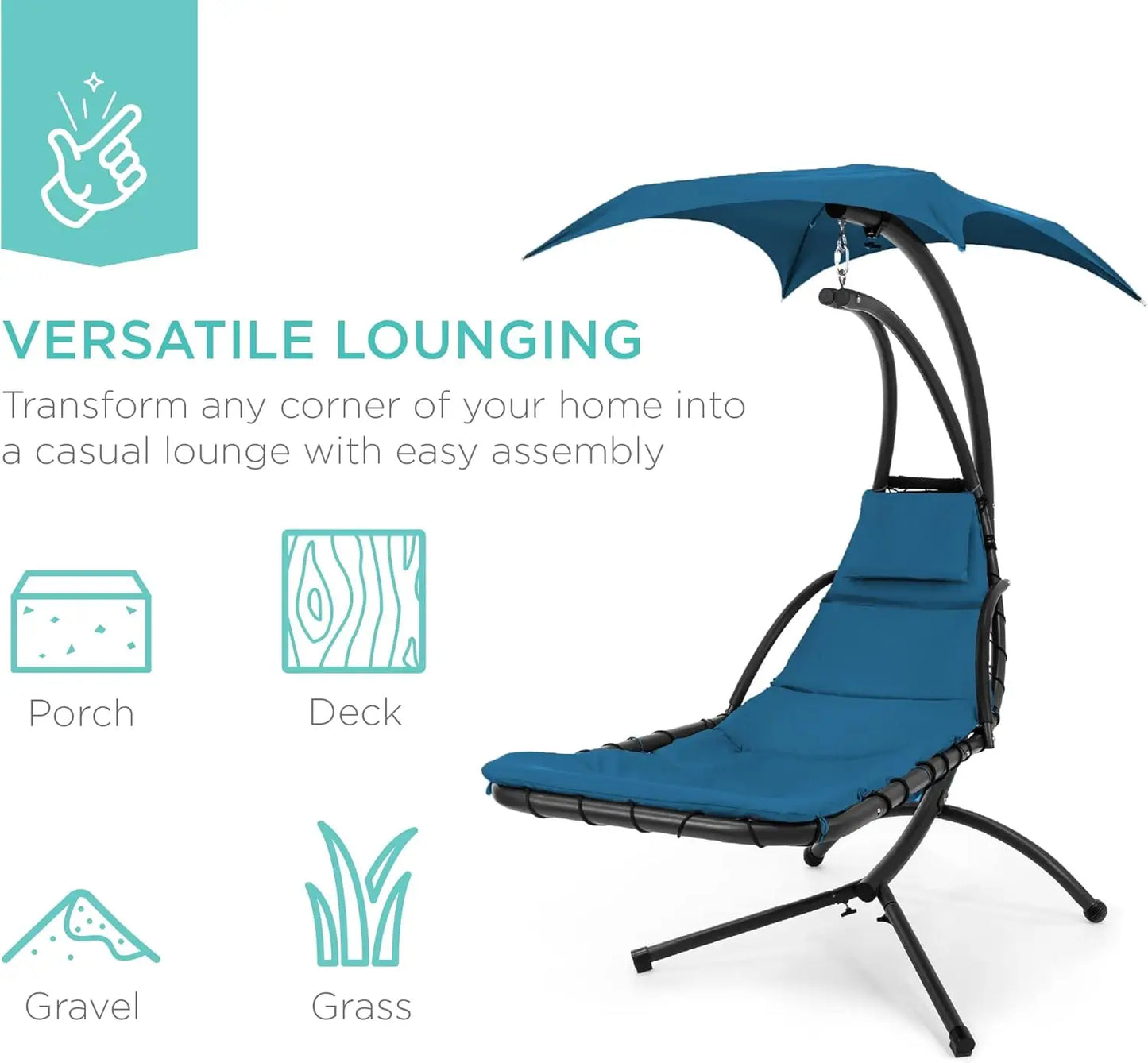 Outdoor Hanging Curved Steel Chaise Lounge Chair Swing w/Built-in Pillow and Removable Canopy - Peacock Blue
