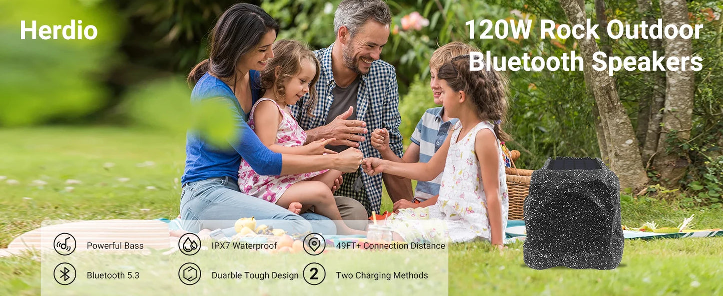 Herdio 8" Rock Speakers Outdoor IPX7 Waterproof Bluetooth Wireless Solar Powered Max 120W With Rechargeable Battery For Garden