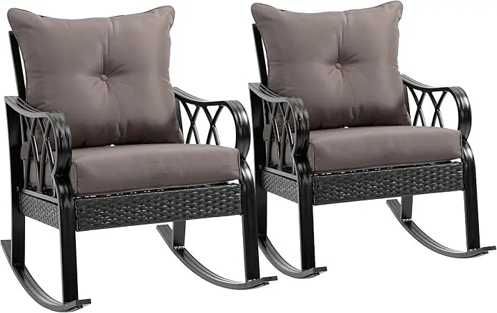 2 Piece Outdoor Wicker Rocking Chairs with Padded Cushions, Aluminum Furniture Rattan Porch Rocker Chairs w/Armrest for Garden,
