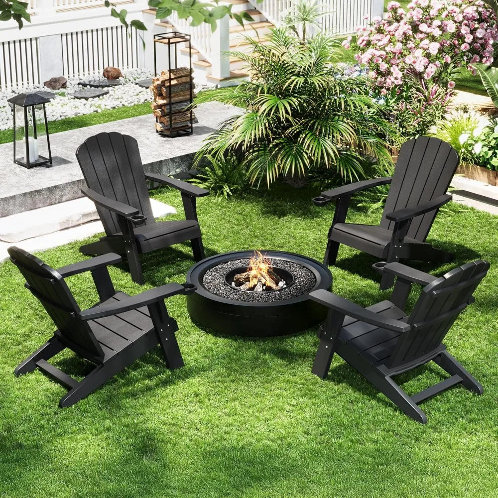 Set of 4 Weather-Resistant Plastic Adirondack Chairs with Cup Holders, HDPE Outdoor Furniture