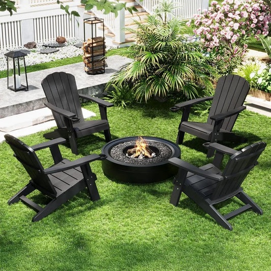 Set of 4 Weather-Resistant Plastic Adirondack Chairs with Cup Holders, HDPE Outdoor Furniture