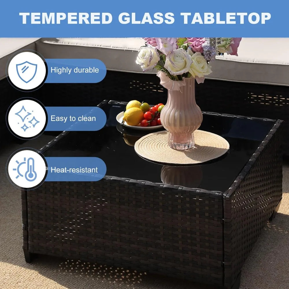 5 Pieces Outdoor Patio Furniture Set, Wicker Conversation Sets with Tea Table, Rattan Patio Sofa with Thick Cushions for Garden,