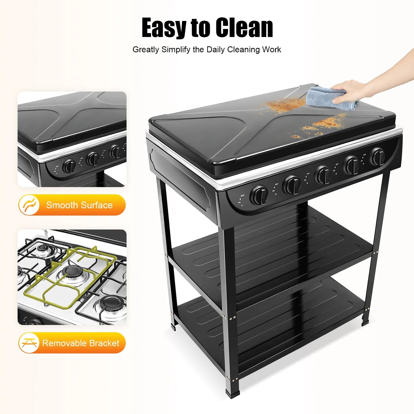 4/5 Burners Independent Control Natural Gas Stove Removable Propane Gas Stove with Cover for Outdoor Camping Travel Black/White