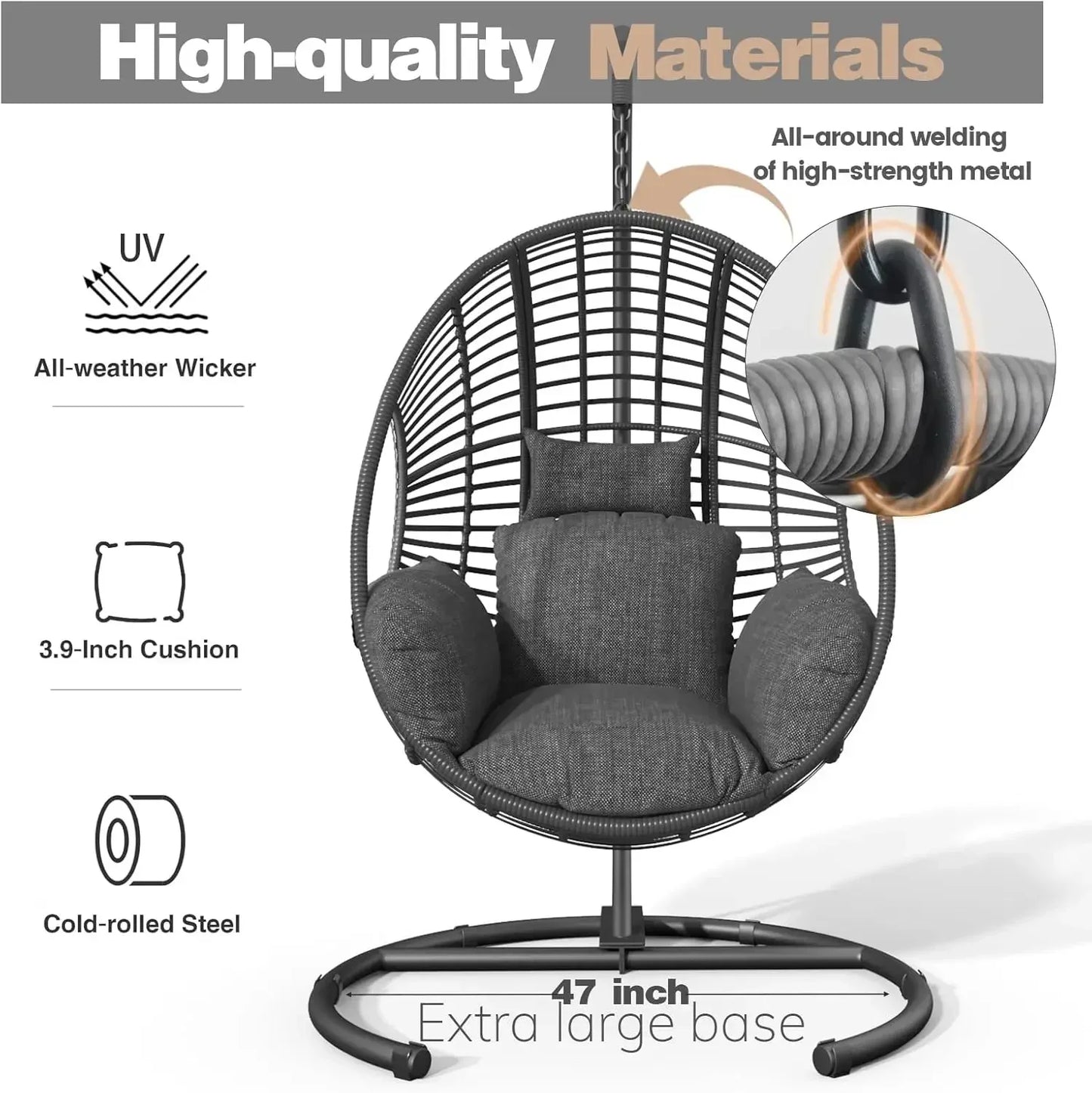 Oversized Hanging Egg Chair Outdoor Wicker Swing Chair with Stand Rain Cover UV Resistant Cushion , Garden and Balcony