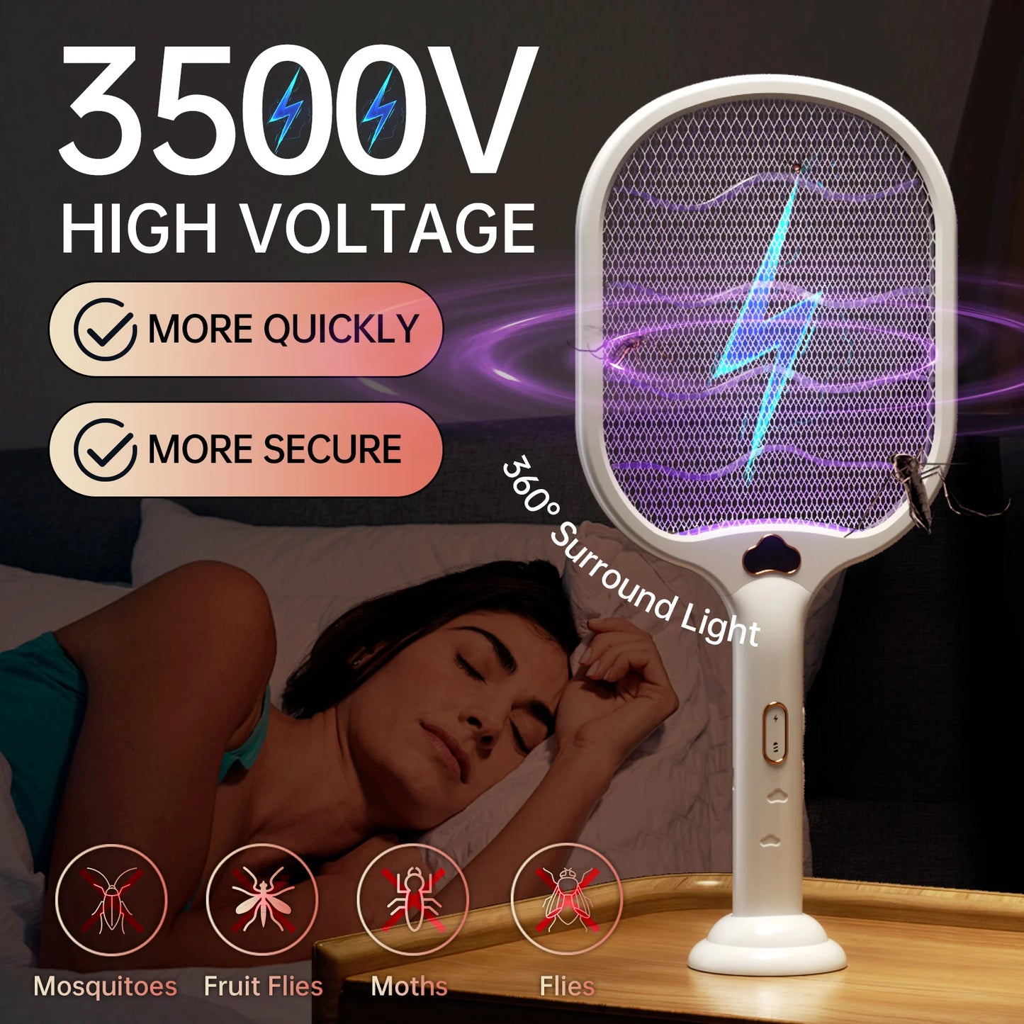 Electric Fly Swatter Racket 3500V buzzkick Bug Zapper Racket Dual Modes Mosquito Killer with Purple Mosquito Light Rechargeable