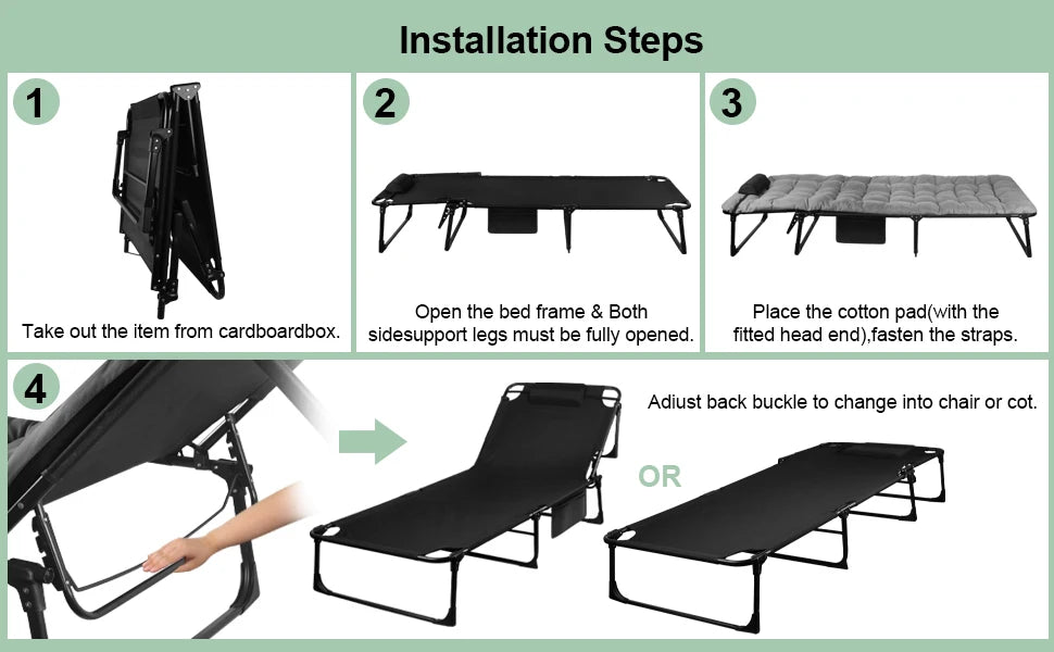Portable Folding Camping Cot - 3-Position Adjustable Reclining Lounge Chair with Pillow, Outdoor Sleeping Bed (68cm Wide)