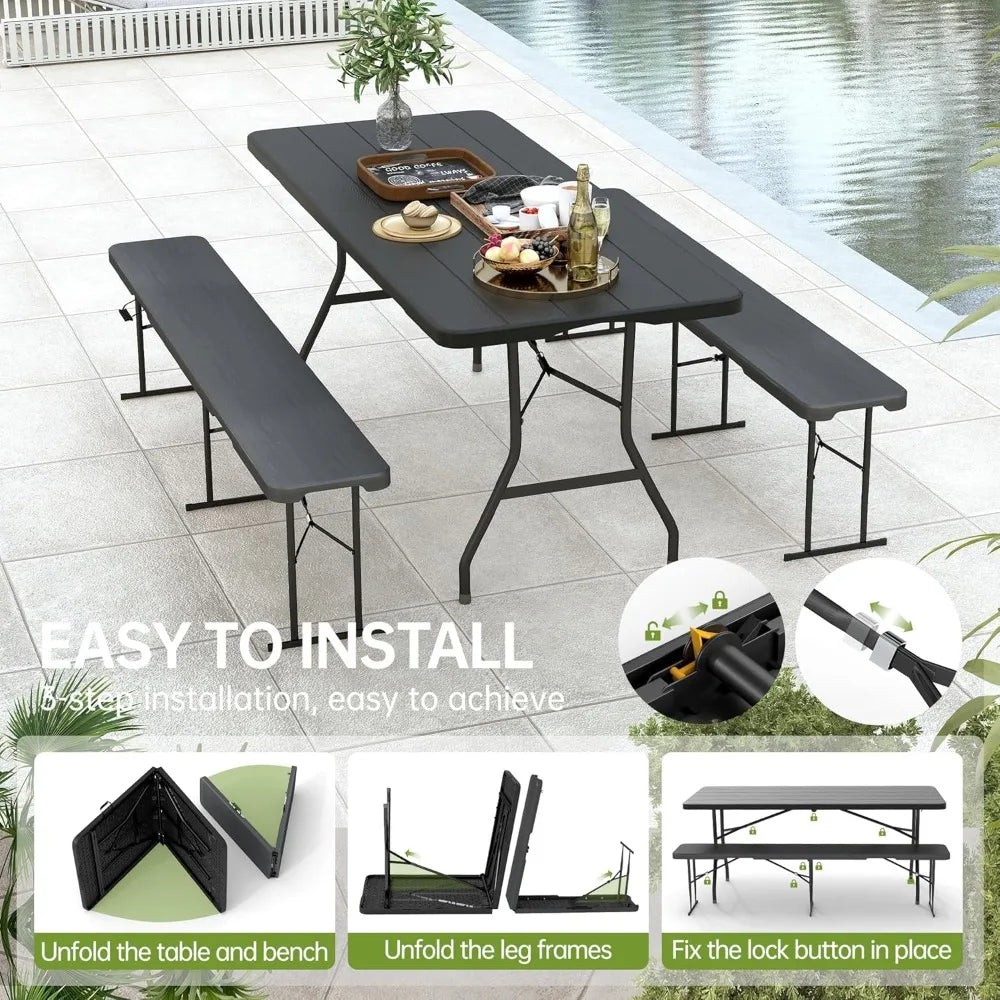 6 Foot Folding Picnic Table Set with Two Benches, Portable Black HDPE Wood-Grain Outdoor Camping Furniture