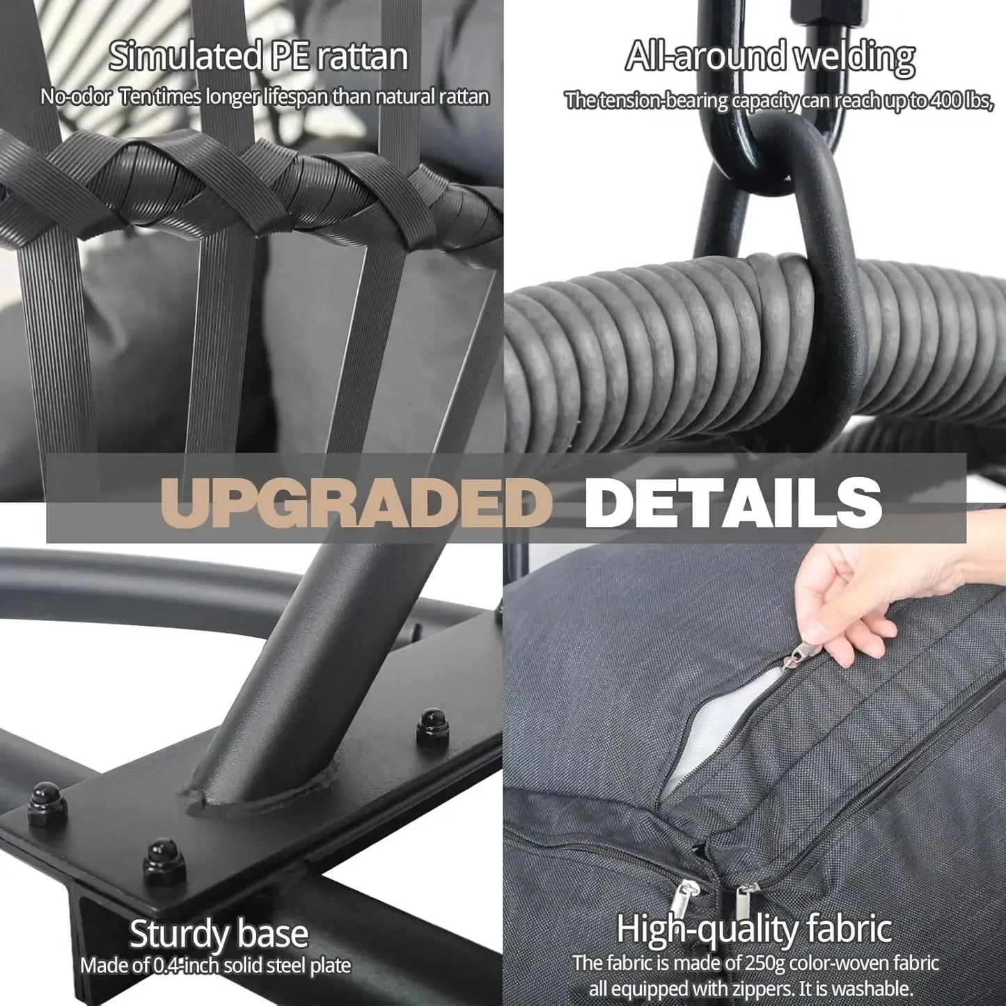 Oversized Hanging Egg Chair Outdoor Wicker Swing Chair with Stand Rain Cover UV Resistant Cushion , Garden and Balcony