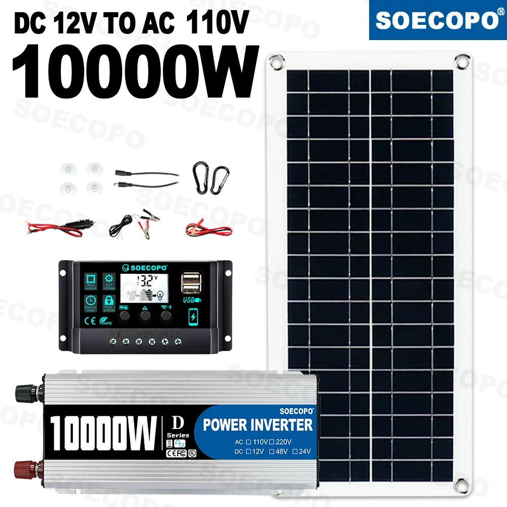 (U.S Stock)SOECOPO 10000W Solar System Complete Kit 12V To 110V 100A Controller 200W Panel Off-Grid Inverter System Home/Camping