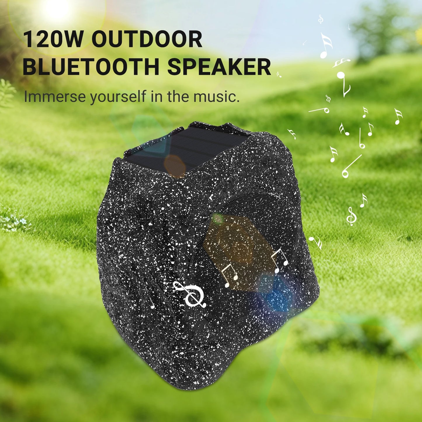 Herdio 8" Rock Speakers Outdoor IPX7 Waterproof Bluetooth Wireless Solar Powered Max 120W With Rechargeable Battery For Garden