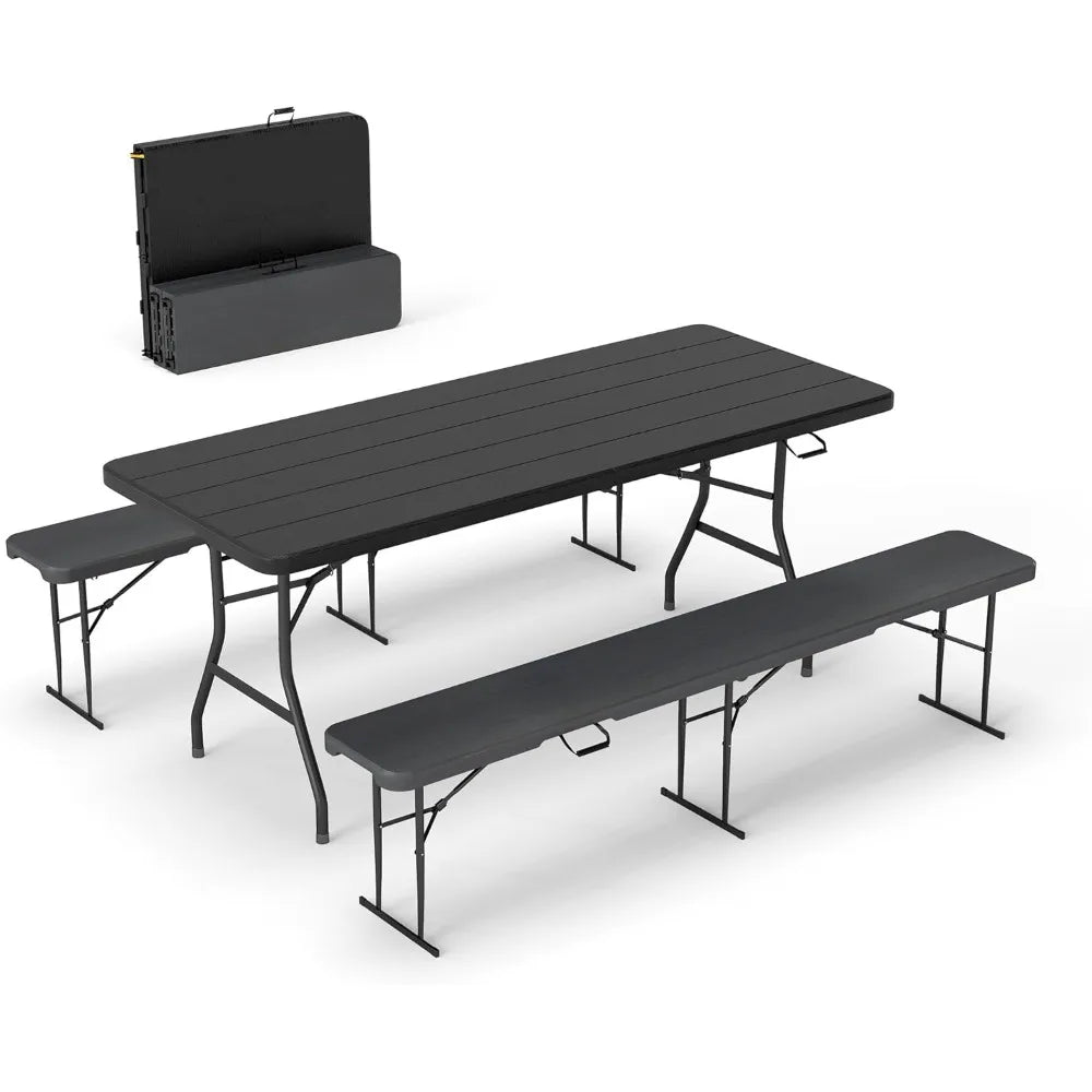 6 Foot Folding Picnic Table Set with Two Benches, Portable Black HDPE Wood-Grain Outdoor Camping Furniture