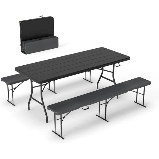 6 Foot Folding Picnic Table Set with Two Benches, Portable Black HDPE Wood-Grain Outdoor Camping Furniture