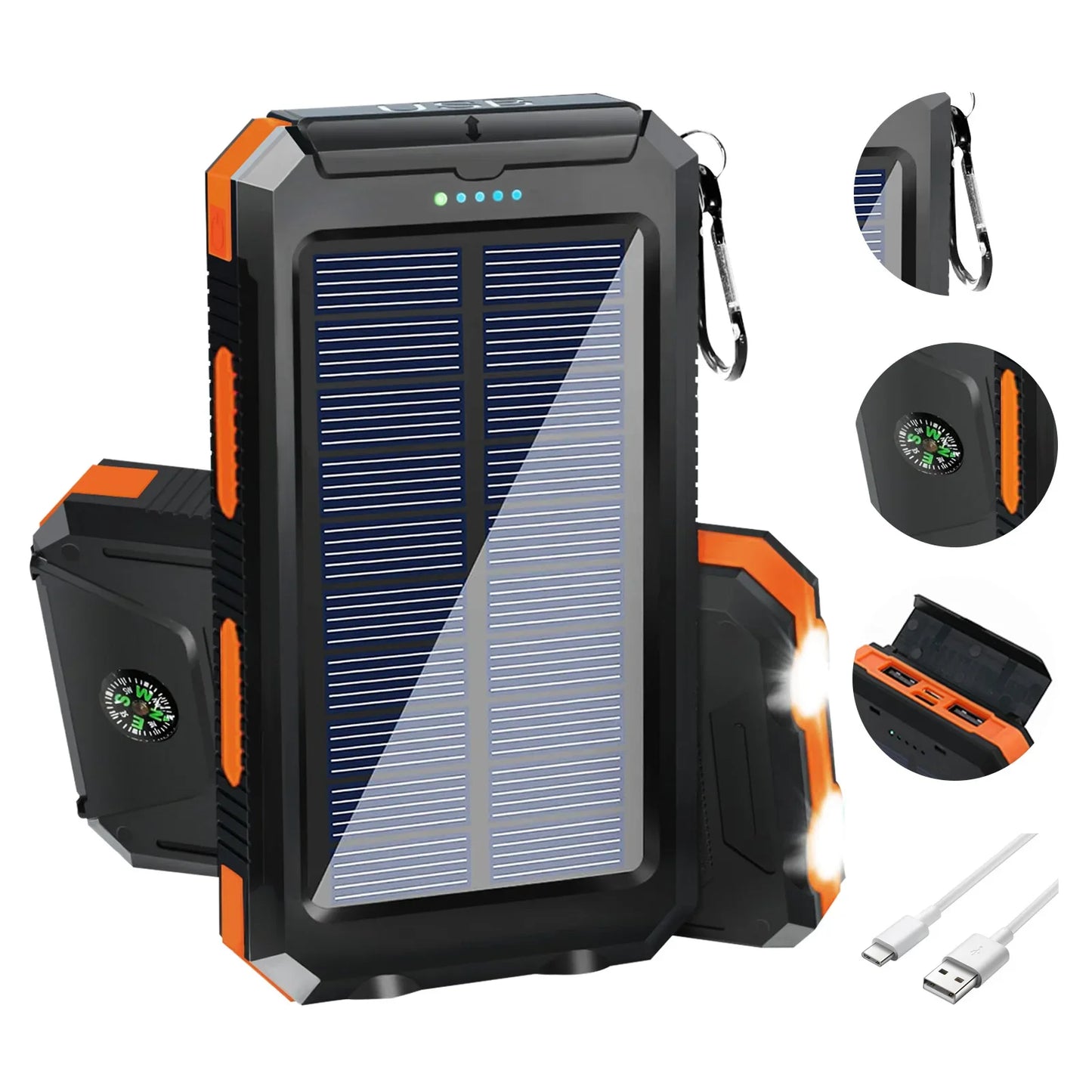 10000mAh Solar Charging Power Bank,Dual USB & Type C Output Port Multicharger Power Bank with Flashlight and Compass