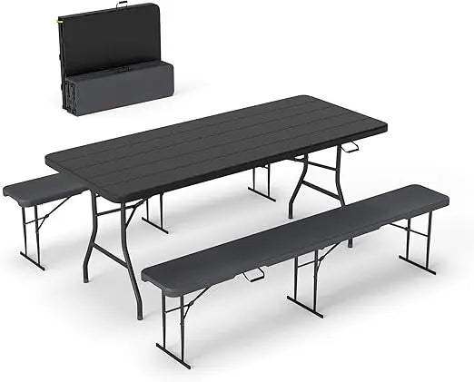 6 Foot Folding Picnic Table Set with Two Benches, Portable Black HDPE Wood-Grain Outdoor Camping Furniture