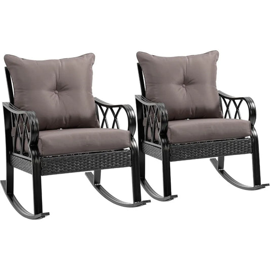 2 Piece Outdoor Wicker Rocking Chairs with Padded Cushions, Aluminum Furniture Rattan Porch Rocker Chairs w/Armrest for Garden,
