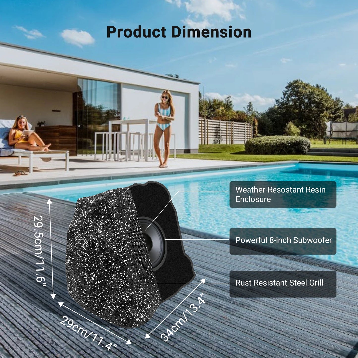 Herdio 8" Rock Speakers Outdoor IPX7 Waterproof Bluetooth Wireless Solar Powered Max 120W With Rechargeable Battery For Garden