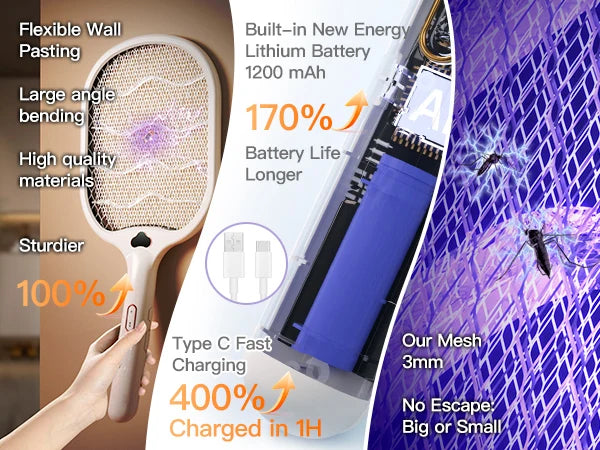 Electric Fly Swatter Racket 3500V buzzkick Bug Zapper Racket Dual Modes Mosquito Killer with Purple Mosquito Light Rechargeable