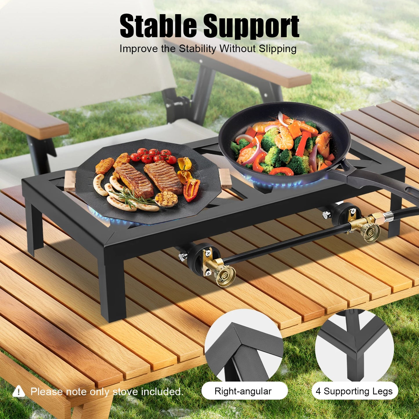 Portable Double Burner Outdoor Gas Stove Propane Cooker with Adjustable 0-10Psi Regulator Hose for Patio Camping, BBQ, Home