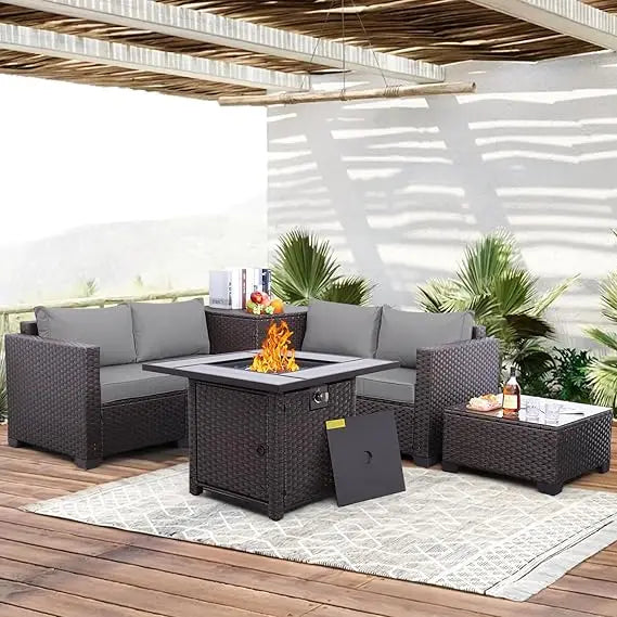 Patio Furniture Set, 5-Piece Outdoor Wicker Sectional Sofa with Loveseat, Brown Rattan, Conversation Area, Storage Included