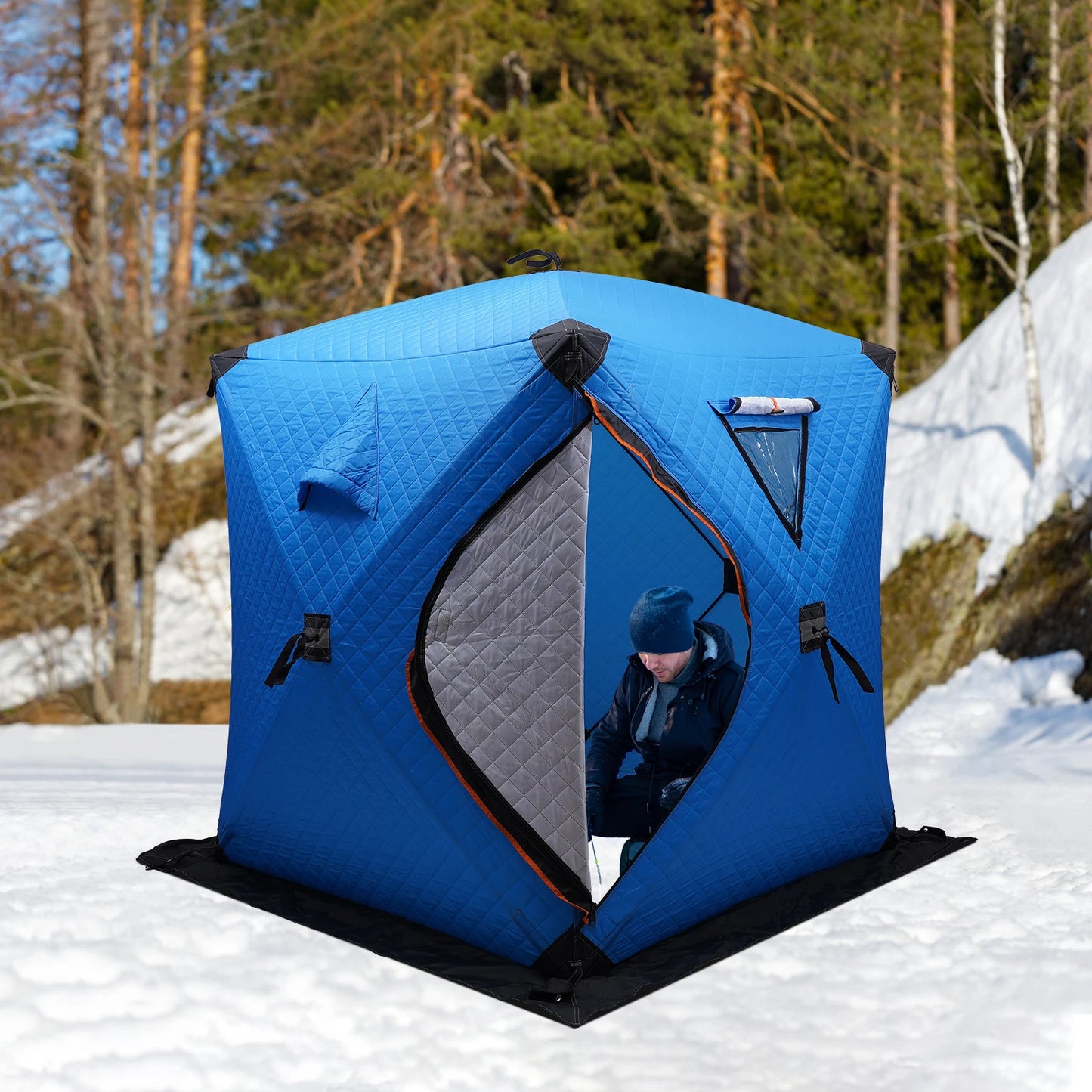 Portable Ice Fishing Shelter, 210D Oxford Fabric, Fiberglass Rods, D-Shaped Door, Double Windows for Ventilation