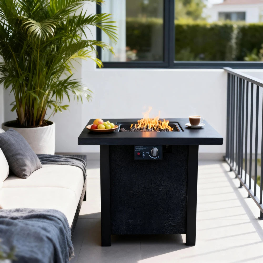 25"H Outdoor Patio Propane Fire Pit Table -50k BTU, High-temp Carving, Eco-material, Rattan Weave Grain Effect