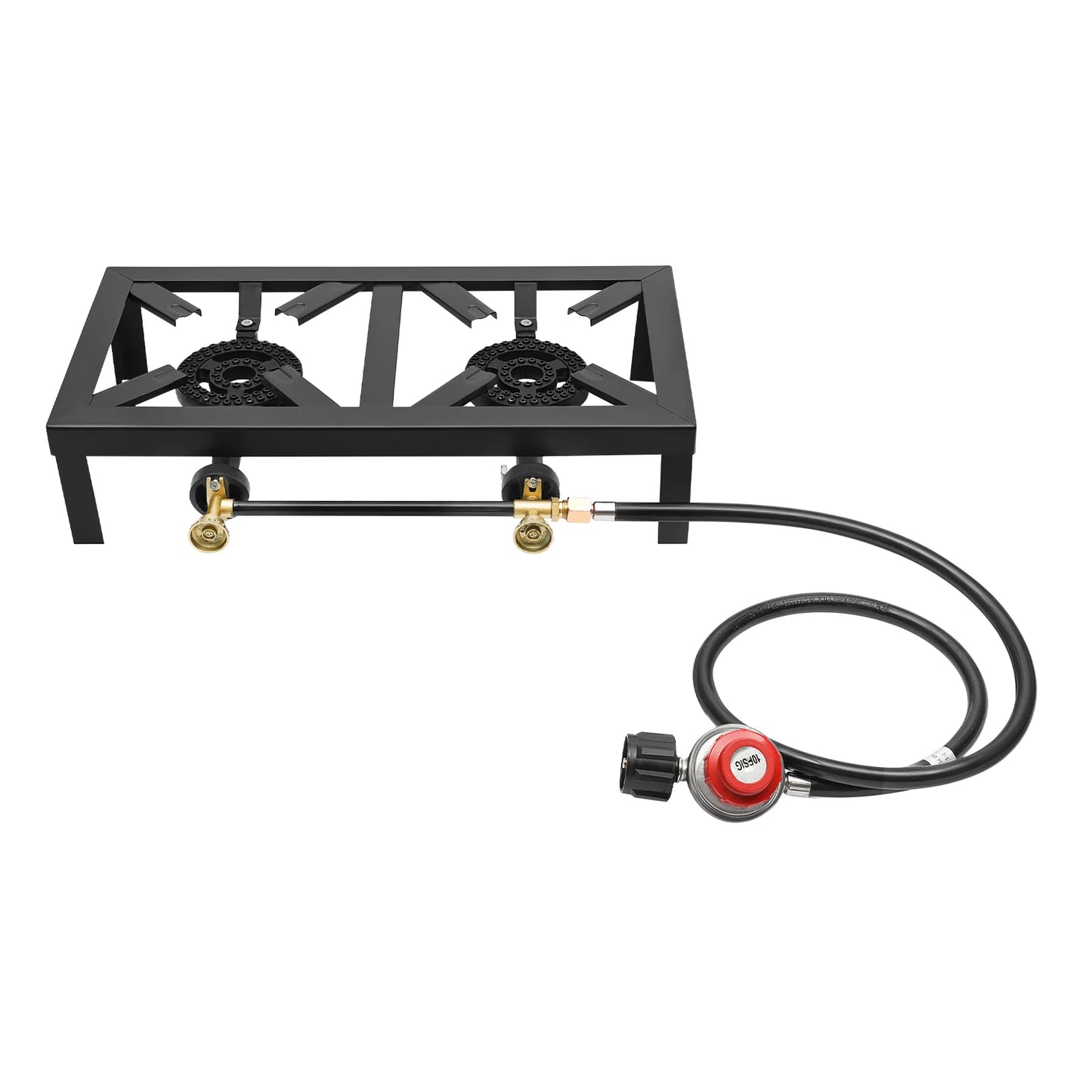 Portable Double Burner Outdoor Gas Stove Propane Cooker with Adjustable 0-10Psi Regulator Hose for Patio Camping, BBQ, Home