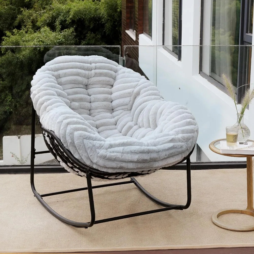 Outdoor Rocking Chair, Wicker , Indoor Comfy Oversized Papasan Chair with Padded Cushion, Royal Rattan Rocker for Front Porch,