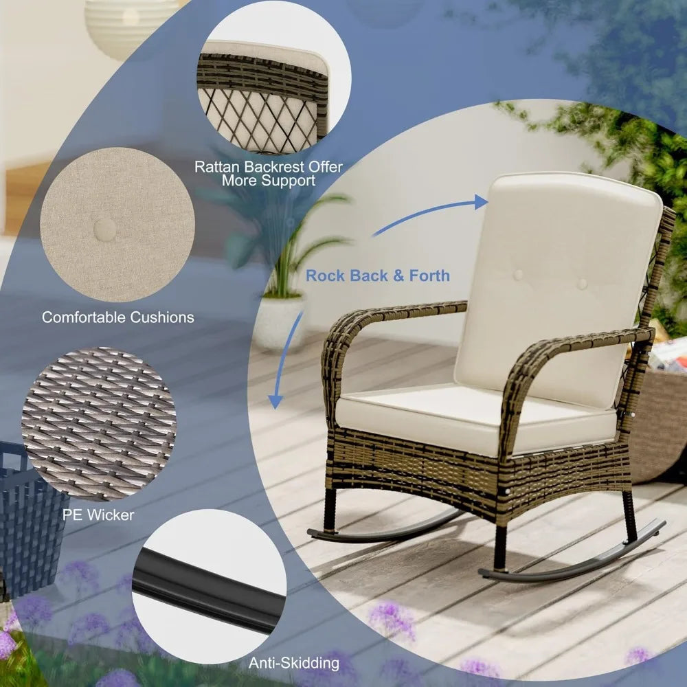 3 Pieces Patio Conversation Set, Outdoor Rocking Chair, Wicker Bistro Set, Outdoor Furniture with Porch Chairs and Coffee Table