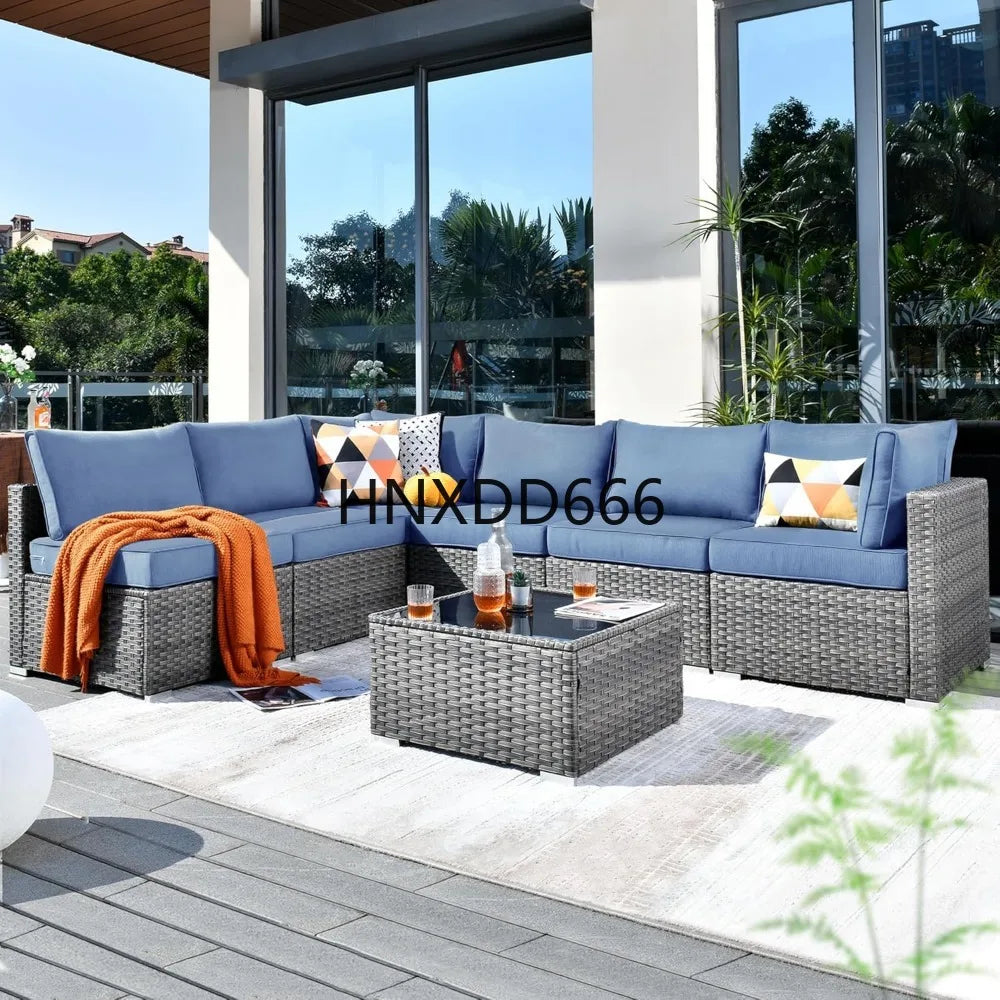 Outdoor 7 Piece Set with Coffee Table,Sectional Patio Furniture Set with All-Weather Wicker Sofa,Modern Outside Couch