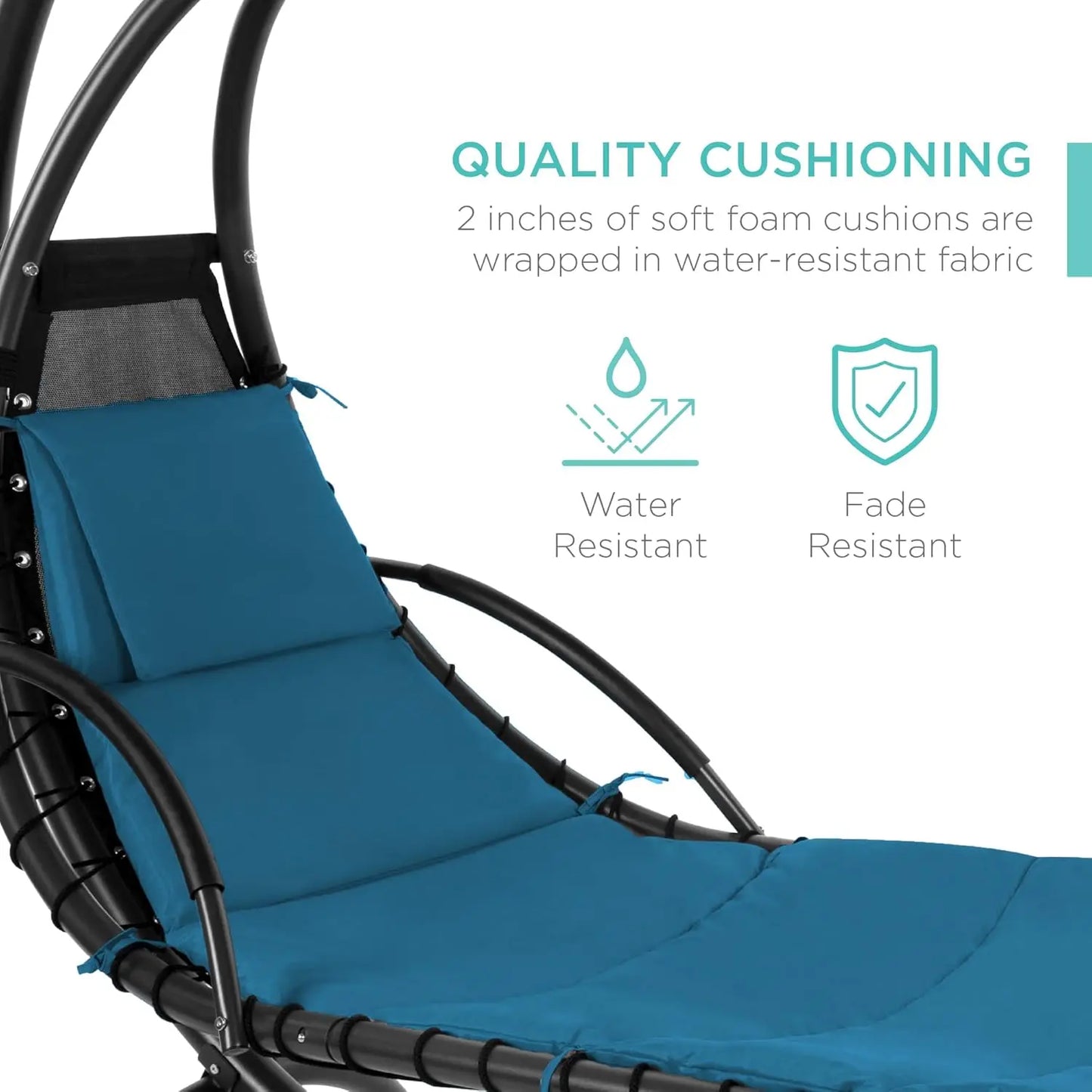Outdoor Hanging Curved Steel Chaise Lounge Chair Swing w/Built-in Pillow and Removable Canopy - Peacock Blue