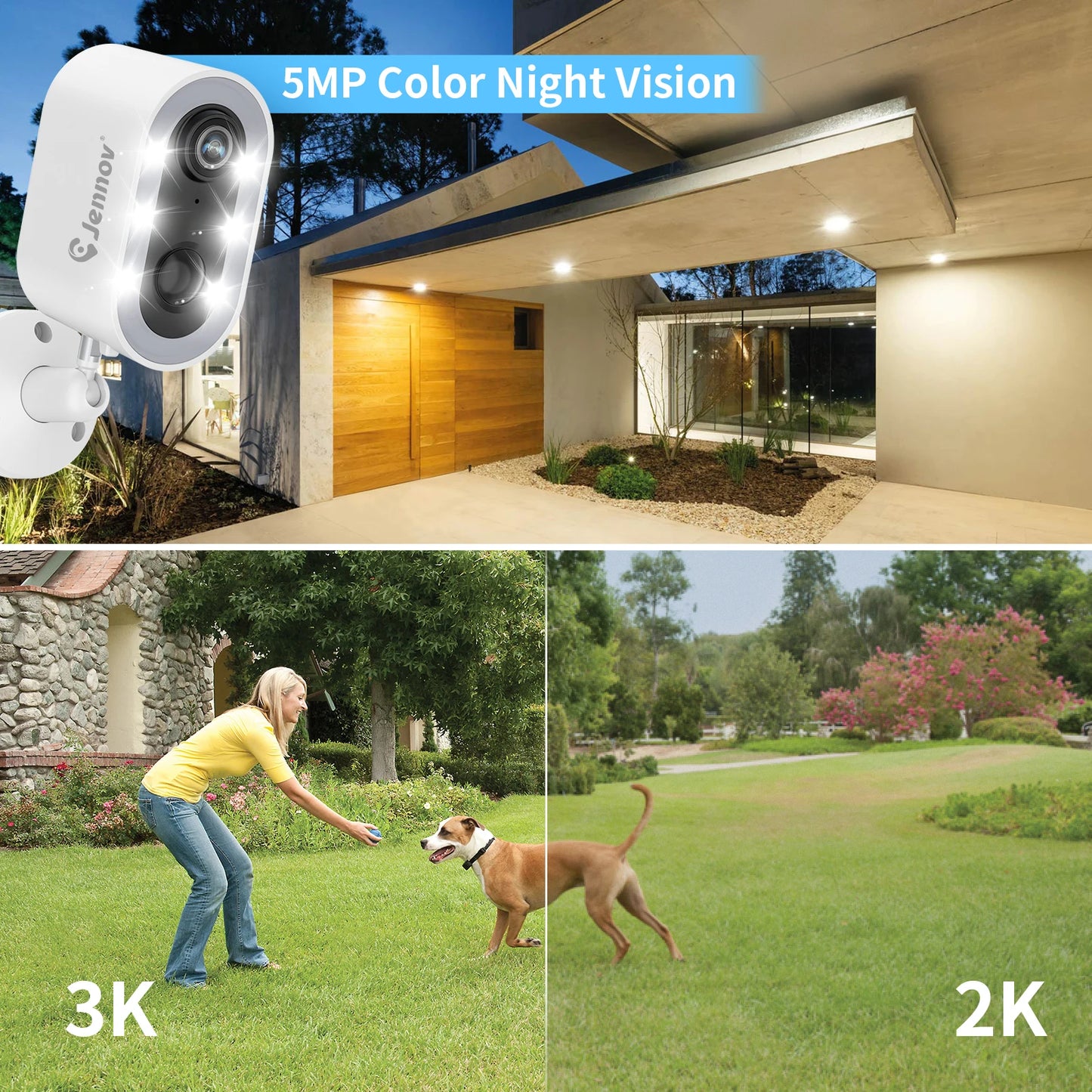 Jennov 3MP Security Camera Wireless WiFi Camera Battery Powered with Color Night Vision Two-Way Talk for Outdoor Home Camera