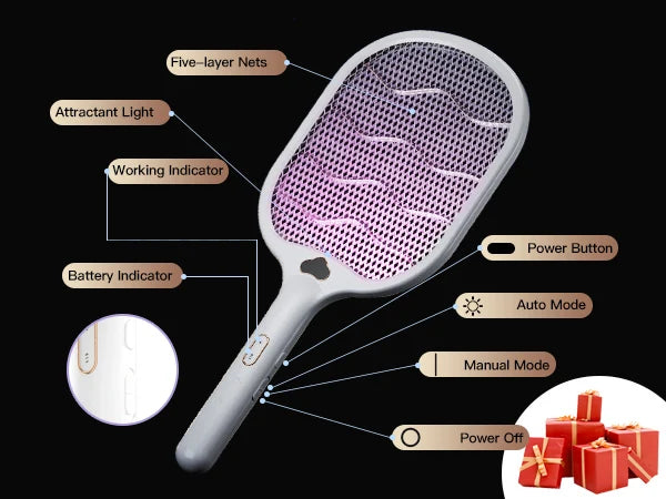Electric Fly Swatter Racket 3500V buzzkick Bug Zapper Racket Dual Modes Mosquito Killer with Purple Mosquito Light Rechargeable