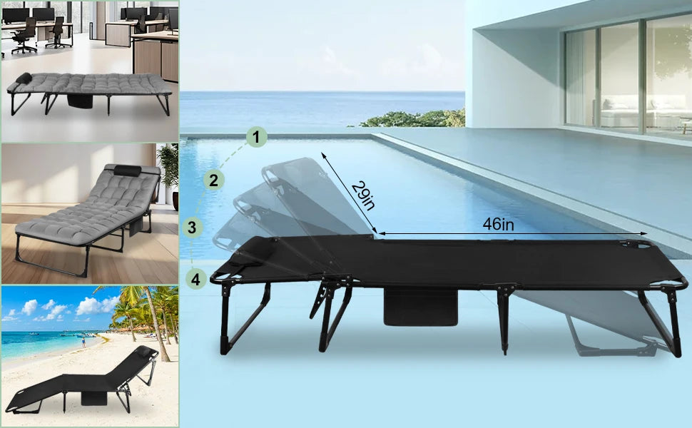 Portable Folding Camping Cot - 3-Position Adjustable Reclining Lounge Chair with Pillow, Outdoor Sleeping Bed (68cm Wide)