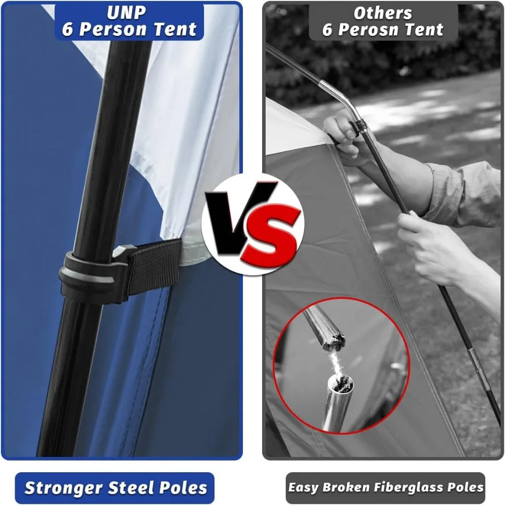 UNP Tents 6 Person Waterproof Windproof Easy Setup,Double Layer Family Camping Tent with 1 Mesh Door & 5 Large Mesh Windows -10'