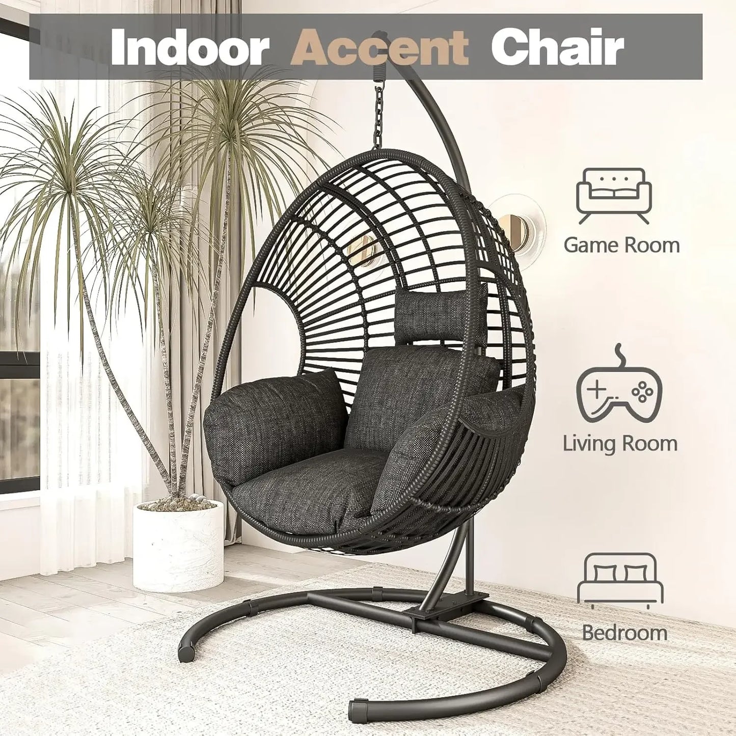 Oversized Hanging Egg Chair Outdoor Wicker Swing Chair with Stand Rain Cover UV Resistant Cushion , Garden and Balcony