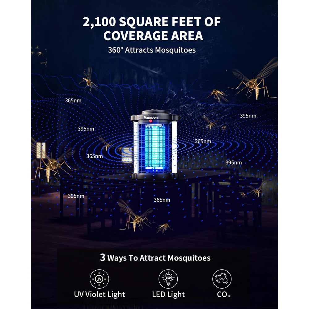 Minimoon Bug Zapper Outdoor Mosquito Zapper with Dual LED Light 4200V Fly Zapper 15W Electric Fly Traps Outdoor IPX4 Insect Trap