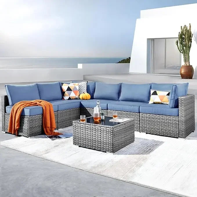 Outdoor 7 Piece Set with Coffee Table,Sectional Patio Furniture Set with All-Weather Wicker Sofa,Modern Outside Couch