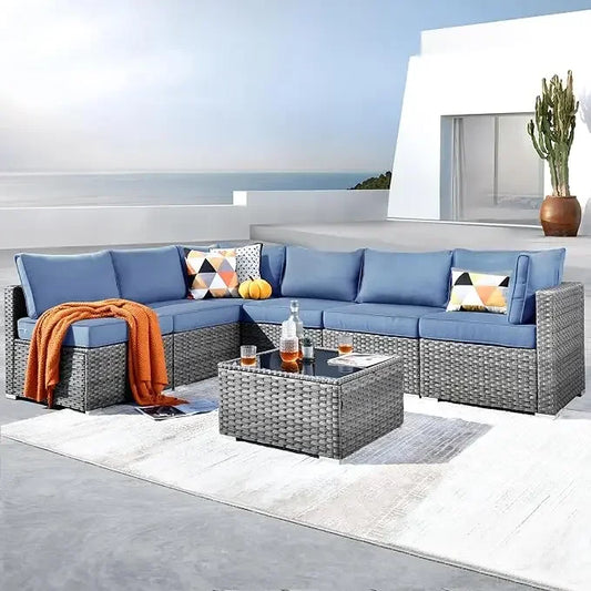 Outdoor 7 Piece Set with Coffee Table,Sectional Patio Furniture Set with All-Weather Wicker Sofa,Modern Outside Couch