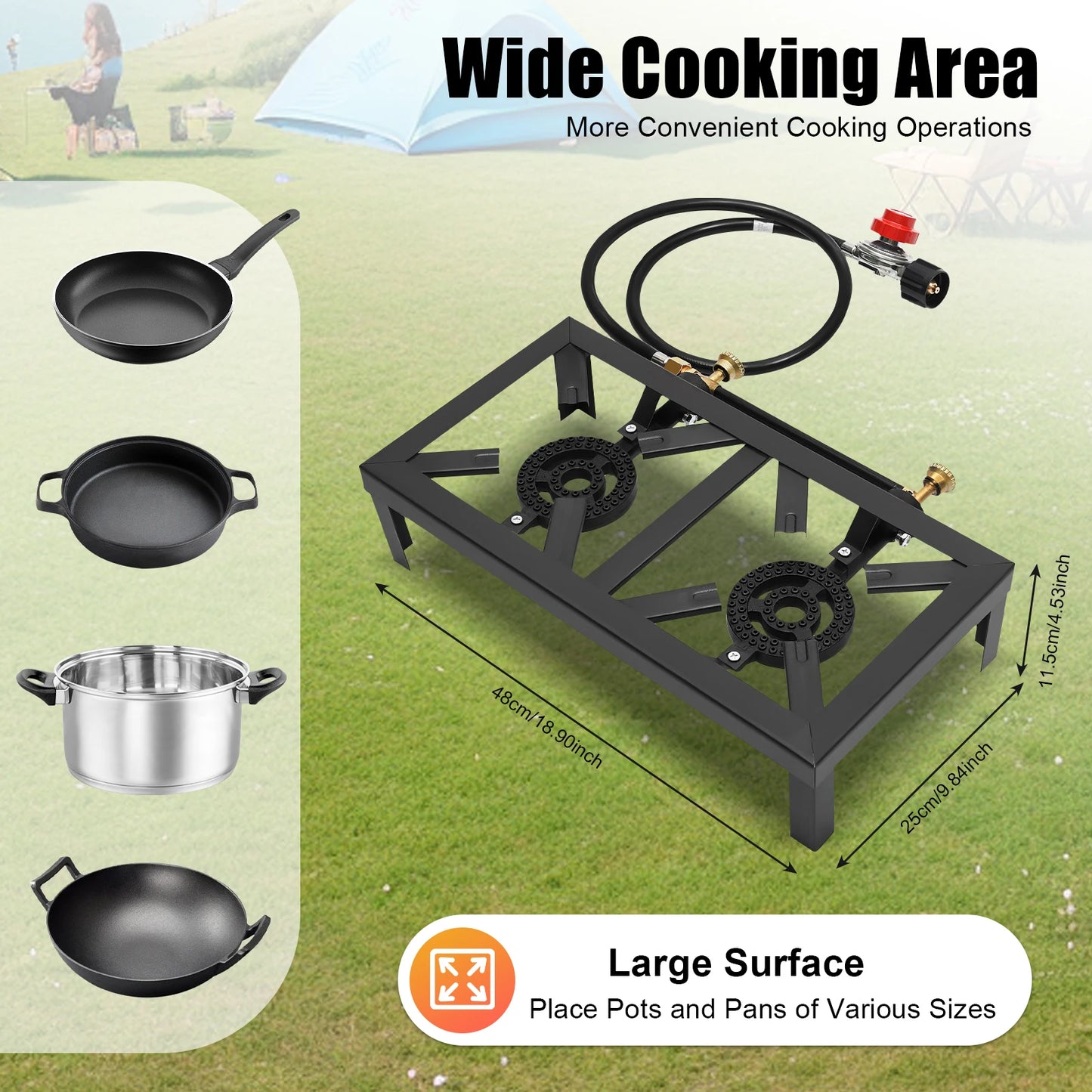 Portable Double Burner Outdoor Gas Stove Propane Cooker with Adjustable 0-10Psi Regulator Hose for Patio Camping, BBQ, Home